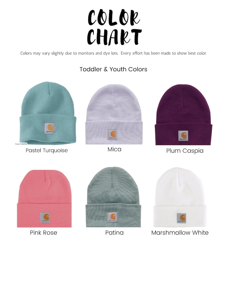 May include: Color chart of toddler and youth beanies in various colors. The beanies are displayed in pastel turquoise, mica, plum caspia, pink rose, patina, and marshmallow white. Each beanie has a small square patch.