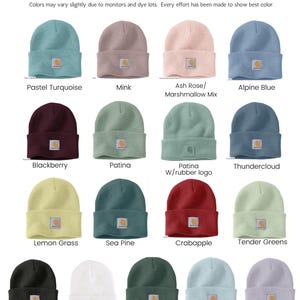 May include: A color chart displays various beanie hats in a range of colors, including pastel turquoise, mink, and blackberry. Each hat features a square logo patch. The text "COLOR CHART" is at the top.