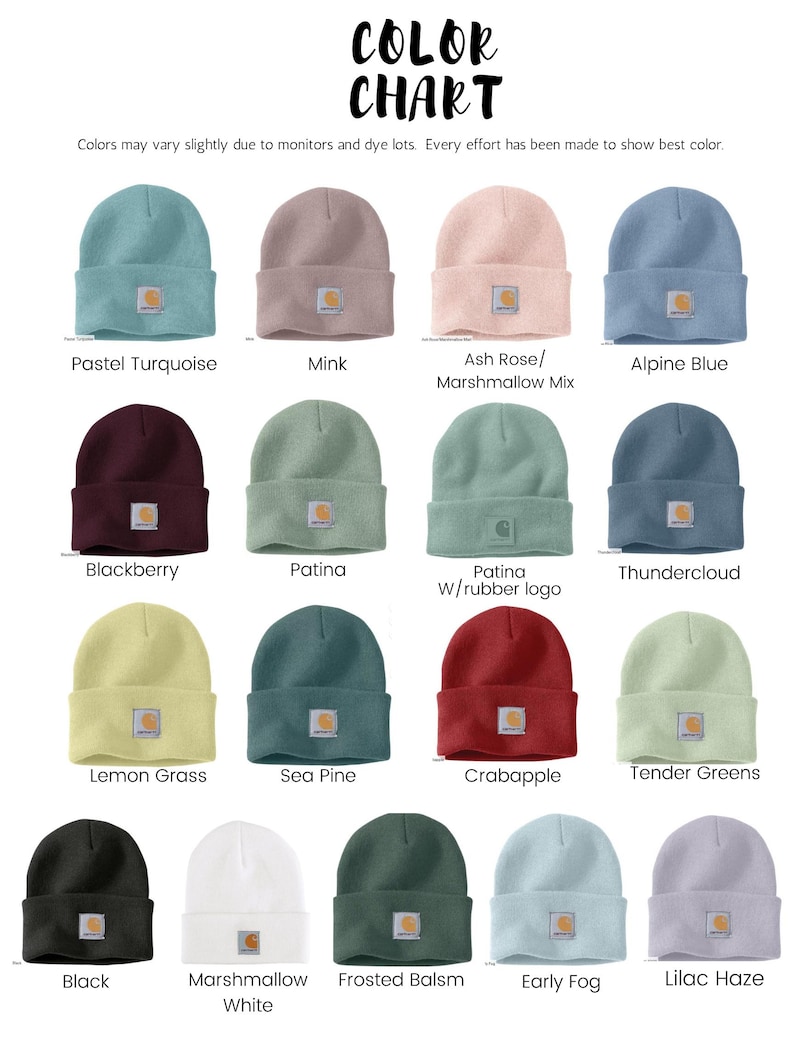 May include: A color chart displays various beanie hats in a range of colors, including pastel turquoise, mink, and blackberry. Each hat features a square logo patch. The text "COLOR CHART" is at the top.