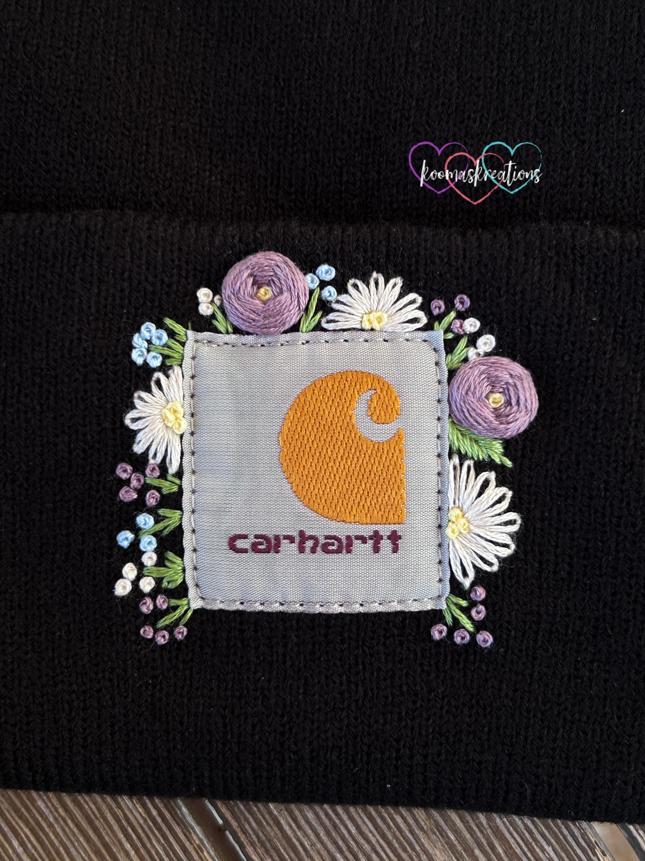 Hand Embroidered Floral Beanie, Black Embroidered Beanie, Name