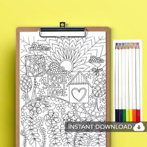 Home Sweet Home, Mindfulness Ausmalseiten, Ausmalen für Erwachsene, Ausmalseiten für Erwachsene, inspirierend Ausmalen