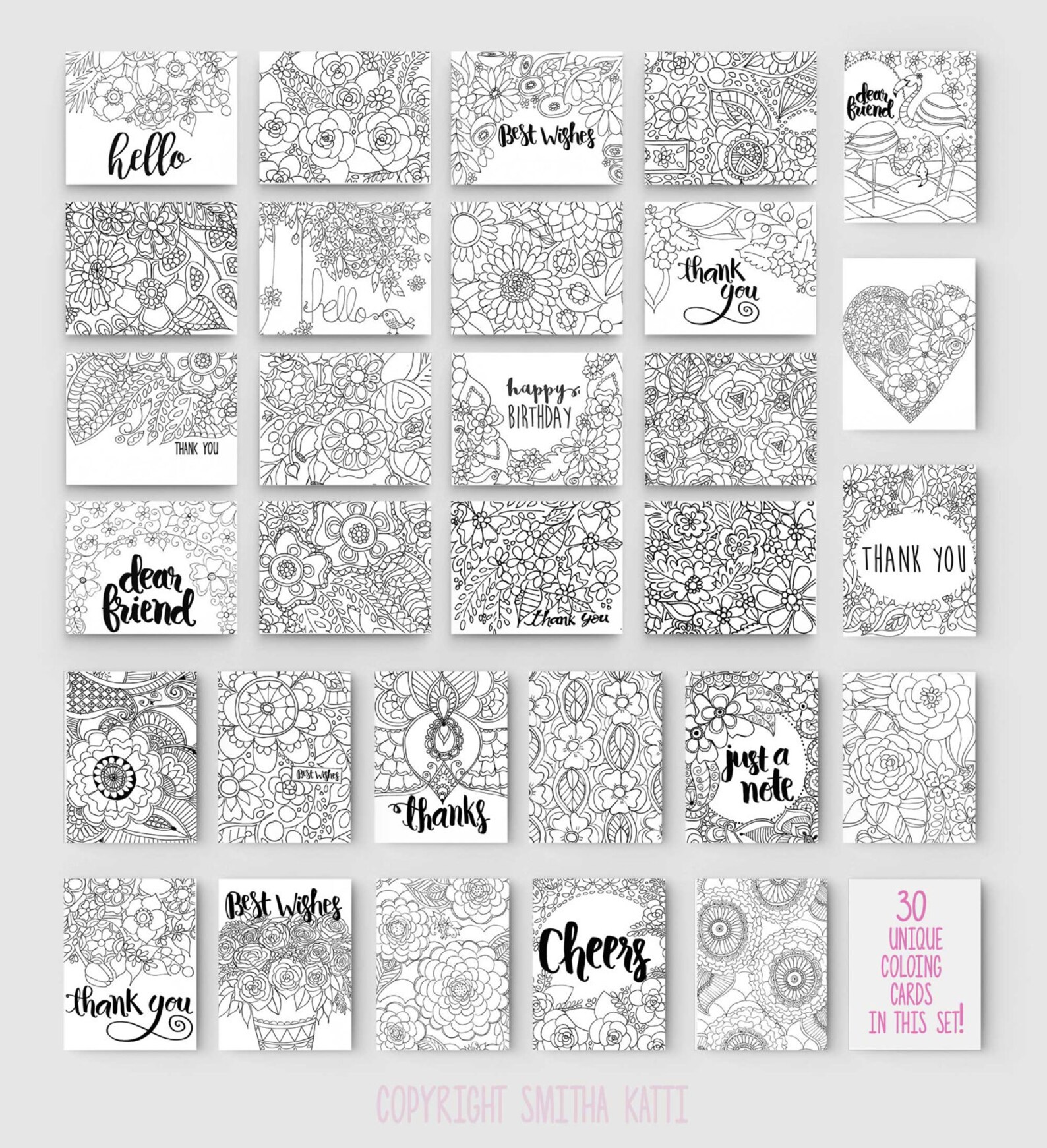 Coloring cards Printable note cards Print at home Set of 30 | Etsy