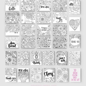 Coloring cards, Printable note cards, Print at home Set of 30 handdrawn greeting cards, instant download image 2