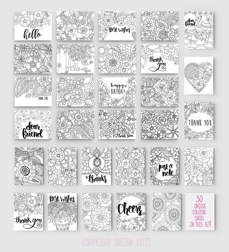 Coloring cards, Printable note cards, Print at home Set of 30 handdrawn greeting cards, instant download image 2