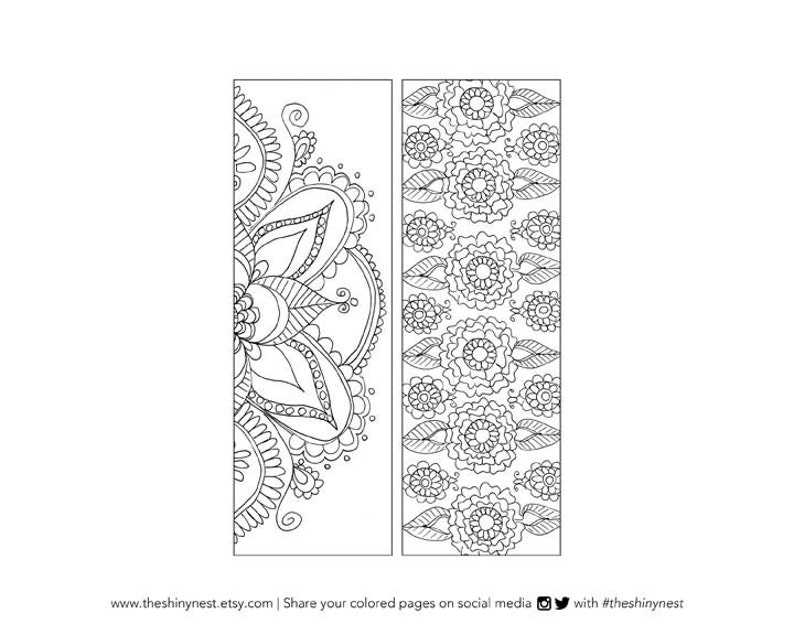 May include: Two printable bookmark designs featuring intricate black and white floral patterns. The left bookmark has a mandala design, while the right bookmark has a repeating floral pattern.