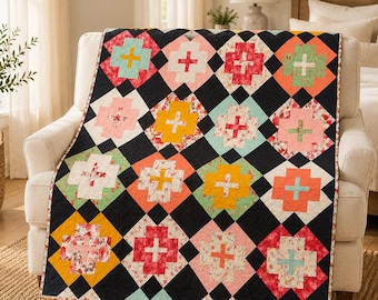 Handmade Floral Quilt, Modern Plus Block Patchwork Quilt, Reversible Throw with Watercolor Floral Backing, Ready to Ship