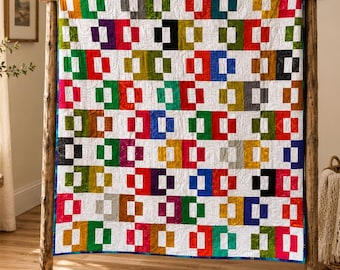 Modern Geometric Puzzle Box Quilt, Colorful Handmade Patchwork Throw, One of a Kind Quilt, Reversible Floral Backing, Ready to Ship