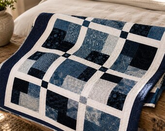 Navy and White Throw Quilt, Handmade Contemporary Patchwork Quilt, Modern Coastal Home Decor, Ready to Ship