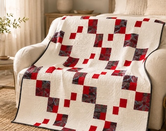 Modern Red Throw Quilt, Handmade Patchwork Quilt, Contemporary Cotton Blanket, One of a Kind Home Decor, Ready to Ship