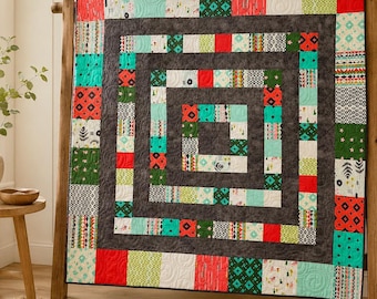 Modern Log Cabin Quilt, Handmade Patchwork Throw, One of a Kind Quilted Blanket, Contemporary Geometric Home Decor, Ready to Ship