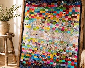 Handmade Ombre Patchwork Quilt, Colorful Gradient Throw, Heirloom Bedding