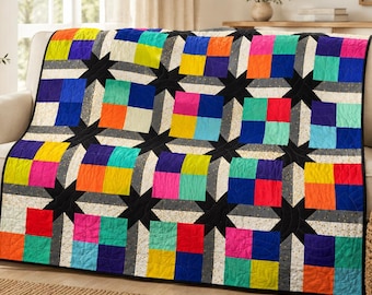 Modern Handmade Quilt, Colorful Geometric Patchwork Throw, One of a Kind Heirloom Quilt, Ready to Ship Statement Quilt