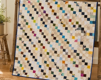Handmade Scrappy Patchwork Quilt, Neutral Heirloom Throw with Colorful Accents