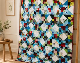 Handmade Scrappy Patchwork Quilt, Modern 16 Patch Throw, Heirloom Bedding