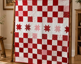 Winter Wonderland Handmade Quilt, Red and White Patchwork Throw, One of a Kind Holiday Heirloom, Ready to Ship