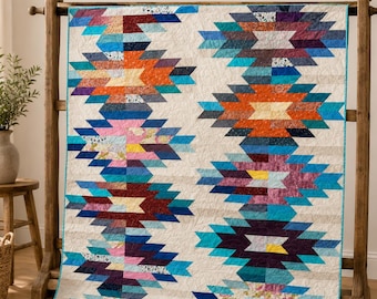 Southwestern Handmade Quilt, Modern Geometric Patchwork Quilt, Boho Throw Blanket, Colorful Arrowhead Design, Ready to Ship