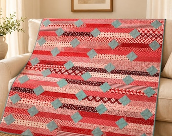 Modern Handmade Quilt, Red Patchwork Throw with Blue Diamond Accents, One of a Kind Heirloom Quilt, Ready to Ship, 48" x 60" throw