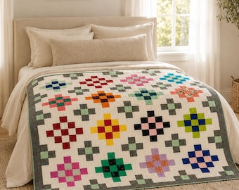 Scrappy Granny Square Quilt, Oversize Double, Handmade Patchwork Quilt, Traditional Quilt, One of a Kind Quilt, Ready to Ship