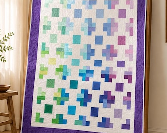 Modern Color Block Throw Quilt, Handmade Patchwork Quilt, Blue Green Purple Cotton Blanket, One of a Kind, Ready to Ship
