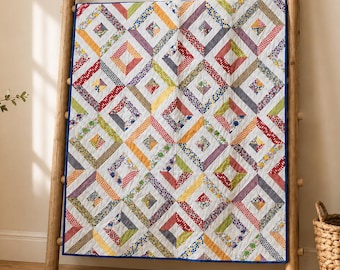 Handmade Geometric Quilt, Vintage-Inspired Patchwork Throw, Pillow Cover Included