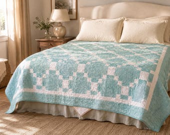 Coastal Full Size Quilt, Handmade Aqua Patchwork Bedding + Matching Throw Pillow cover, Cottage Style Bed Quilt, Unique and Ready to Ship