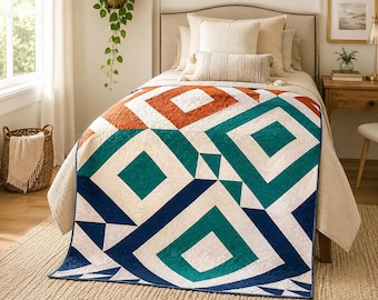 Twin XL Handmade Quilt, Modern Geometric Diamond Quilt, Extra Long Twin Bedding, Teal Rust Navy Patchwork, Ready to Ship