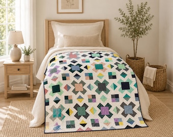 Twin Size Handmade Quilt, Modern Patchwork Bed Quilt, One of a Kind Dorm Room Bedding, Contemporary Cotton Quilt, Ready to Ship