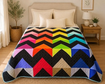 Twin XL Rainbow Quilt, Handmade Chevron Patchwork Quilt, Full Size Bed Quilt, Modern Colorful Bedding, Ready to Ship