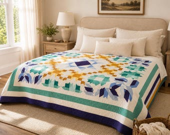 Handmade King Quilt, Modern Geometric Patchwork, Aqua Teal Yellow Indigo Bedding