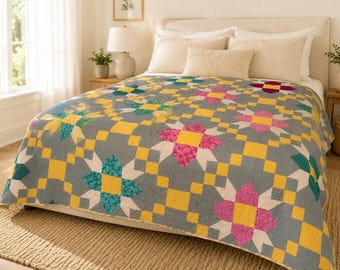 Queen Garden Quilt, Handmade Floral Patchwork Quilt, Modern Cottage Bedspread, One of a Kind Bedding + matching Throw Pillow Cover