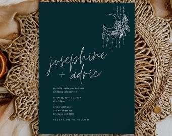 Moon Floral Celestial Wedding Invitation | Mystical Wedding Invite | Editable Corjl Template