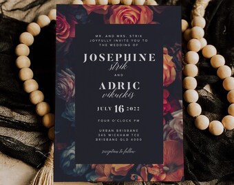 Dark Floral Gothic Wedding Invitation | Moody Romantic Wedding Invite | Editable Corjl Template