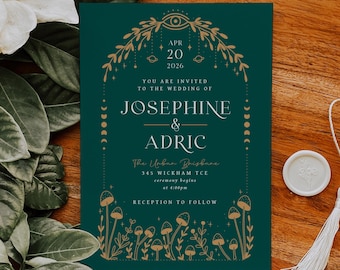 May include: A dark green wedding invitation with gold detailing, featuring the names Josephine and Adric, the date April 20, 2026, and ceremony information. The design includes botanical and celestial elements. A white wax seal with a tassel is on the right.