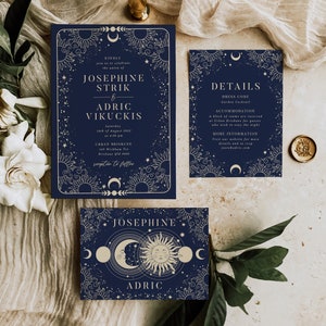 Conjunto de invitaciones de boda celestiales / Conjunto de invitaciones de boda Sol y Luna / Plantilla Corjl editable