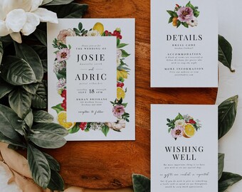 Mediterranean Citrus Wedding Invitation Suite | Italian Fruit Wedding Invite Set | Editable Corjl Template
