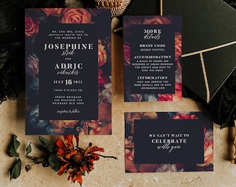 Dark Floral Gothic Wedding Invitation Suite | Moody Romantic Wedding Invite Set | Editable Corjl Template