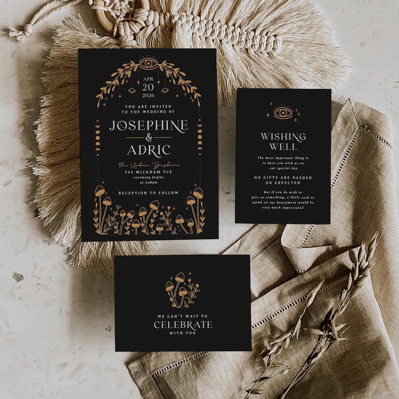 Woodland celestial wedding invitation suite featuring mystical mushrooms, stars and botanical arch design