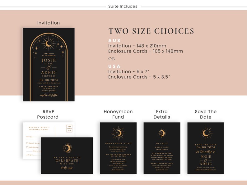 Puede incluir: Un conjunto de tarjetas de invitaci&oacute;n de boda negras y doradas con un tema celestial. La tarjeta de invitaci&oacute;n presenta una luna creciente, estrellas y el texto "Josie & Adric 04.08.2024". La tarjeta RSVP presenta una luna creciente y el texto "No podemos esperar a celebrar contigo". La tarjeta del Fondo de Luna de Miel presenta un sol y una luna con el texto "Fondo de Luna de Miel". La tarjeta de Detalles Adicionales presenta una luna creciente y el texto "Detalles". La tarjeta de Guardar la Fecha presenta un sol y una luna con el texto "Guardar la Fecha 04.08.2024 para la boda de Josie & Adric".