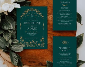 May include: A dark green wedding invitation suite with gold detailing. The invitation features the names Josephine & Adric, the date, time, and location. Additional cards provide details on dress code, accommodation, transport, and gift preferences.