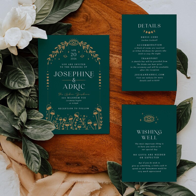 emerald green woodland celestial wedding invitation suite with mushrooms and gold details