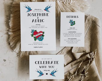 Rockabilly Tattoo Wedding Invitation Suite | Swallow Heart Wedding Invite Set | Editable Corjl Template