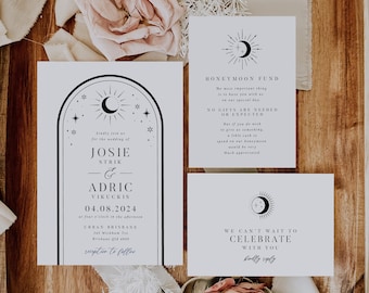 Minimalist Celestial Wedding Invitation Suite | Sun Moon Wedding Invite Set | Editable Corjl Template
