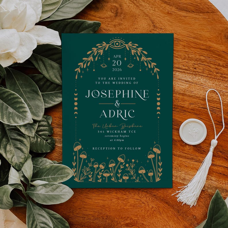 forest wedding invitation set with mystical mushroom and celestial design