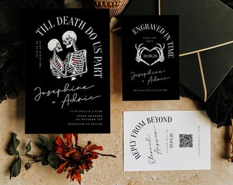 Gothic Skeleton Wedding Invitation Suite | Till Death Do Us Part Wedding Invite Set | Editable Corjl Template