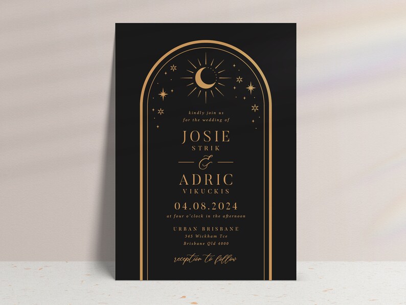 celestial wedding invitation template featuring eclipse sun moon and stars