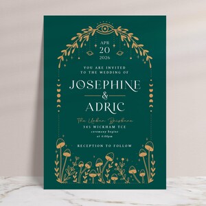 forest wedding invitation set with mystical mushroom and celestial design