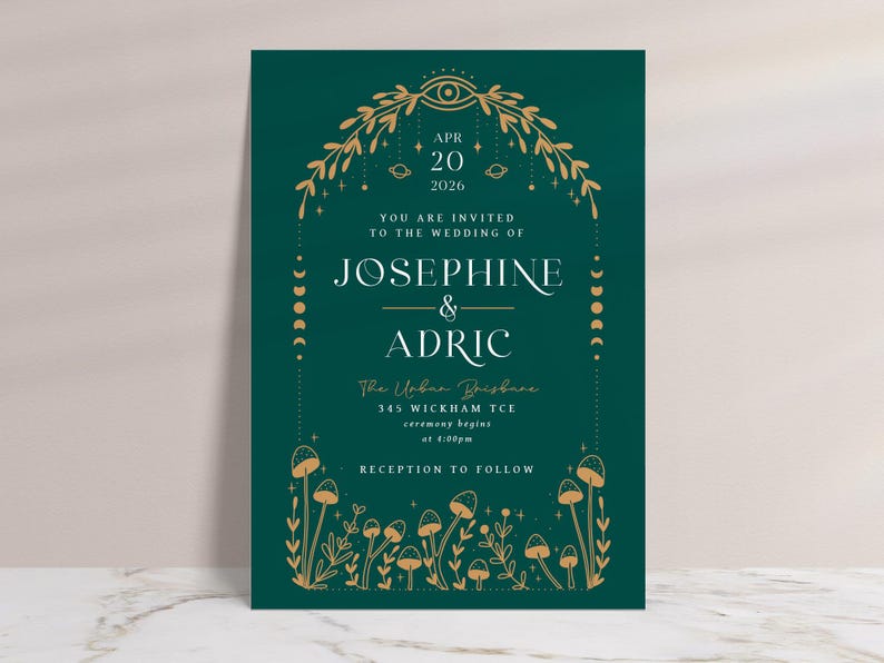 forest wedding invitation set with mystical mushroom and celestial design