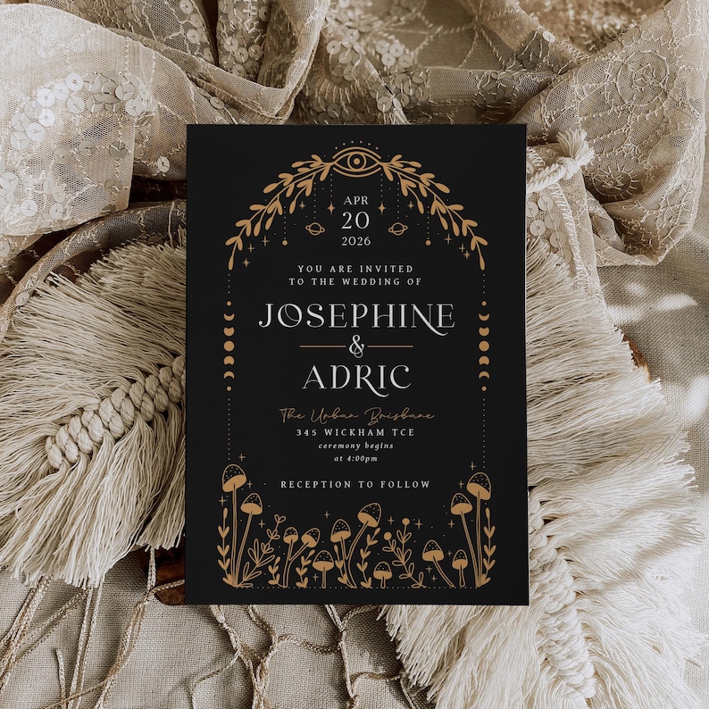 mystical woodland wedding invitation with celestial symbols and mushroom illustrations