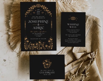 Modèle modifiable pour la suite d'invitations de mariage céleste aux champignons