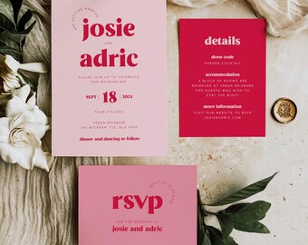 Retro Hochzeitseinladung Set | 70er Jahre typografisches Hochzeitseinladungs-Set | Bearbeitbare Corjl-Vorlage